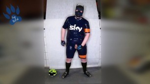 Rubber Cyclist Pup enjoying his gear (sniffing & pawing off)