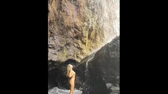 Naked Beautiful Girl under Waterfall. Home Video. Nudist Wife.